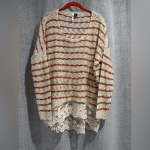 Love By Design Cream and Brown Striped Sweater with Lace Hem